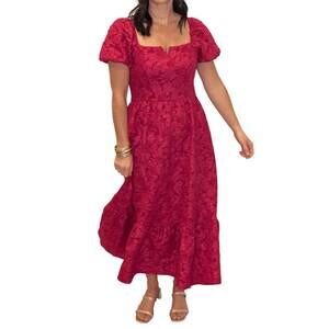 NEW IN FEBRUARY timeless elegance floral jackerd puff sleeve midi dress in burgu